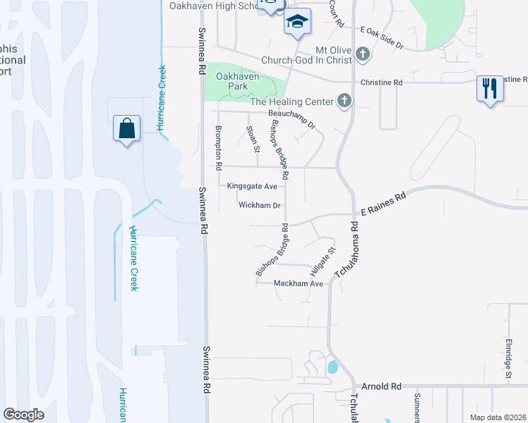 map of restaurants, bars, coffee shops, grocery stores, and more near 3124 Wickham Drive in Memphis