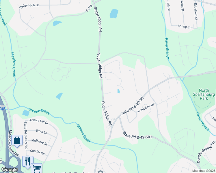 map of restaurants, bars, coffee shops, grocery stores, and more near 2341 Sugar Ridge Road in Boiling Springs