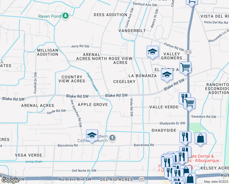 map of restaurants, bars, coffee shops, grocery stores, and more near 2530 Tapia Boulevard Southwest in Albuquerque