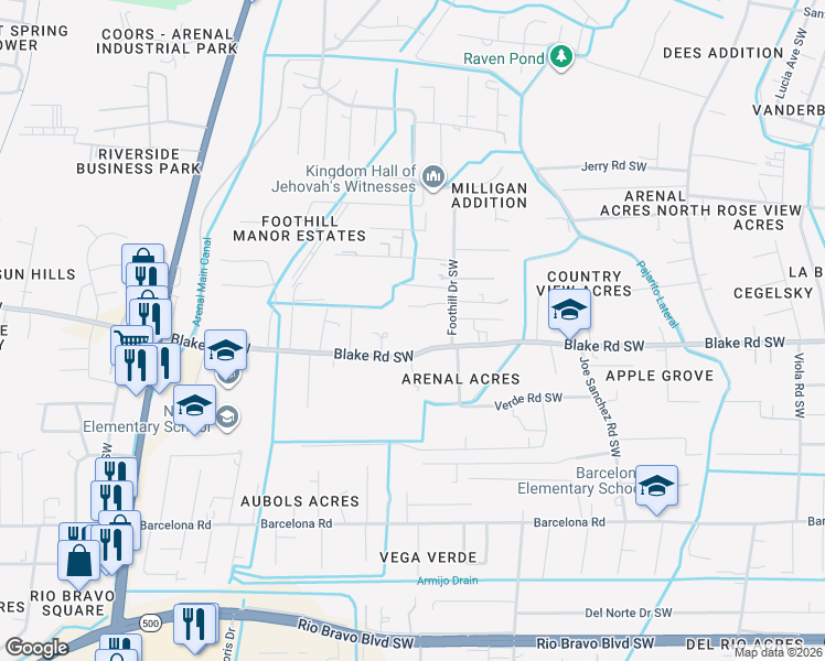 map of restaurants, bars, coffee shops, grocery stores, and more near 2919 Blake Road Southwest in Albuquerque
