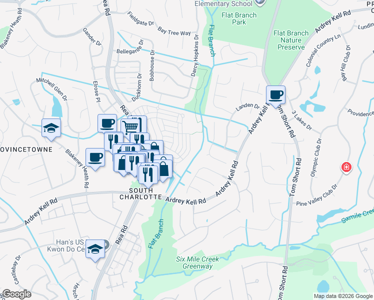 map of restaurants, bars, coffee shops, grocery stores, and more near 10454 Alexander Martin Avenue in Charlotte