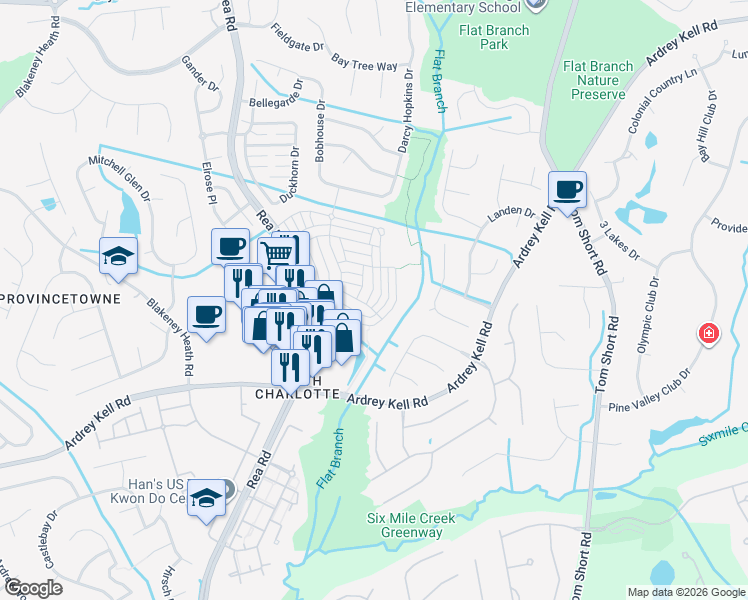 map of restaurants, bars, coffee shops, grocery stores, and more near 10454 Alexander Martin Avenue in Charlotte