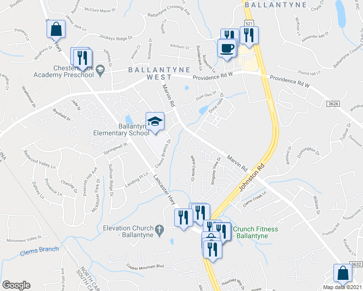 map of restaurants, bars, coffee shops, grocery stores, and more near 11727 Clems Branch Drive in Charlotte