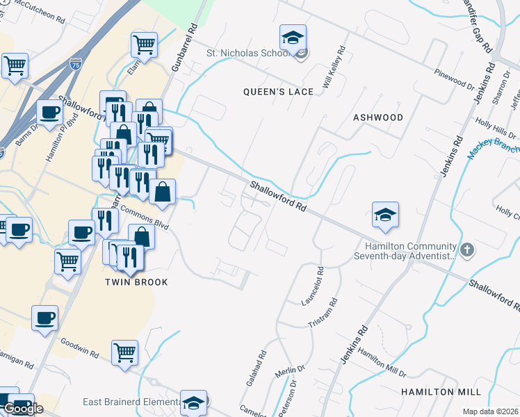 map of restaurants, bars, coffee shops, grocery stores, and more near 1203 Regency Court in Chattanooga