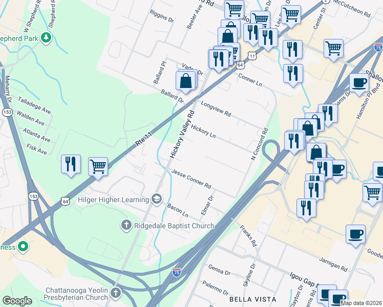 map of restaurants, bars, coffee shops, grocery stores, and more near 2036 Hickory Valley Road in Chattanooga