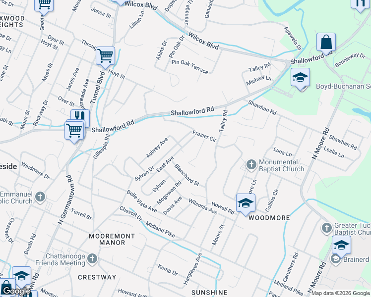 map of restaurants, bars, coffee shops, grocery stores, and more near 924 East Avenue in Chattanooga
