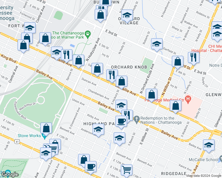 map of restaurants, bars, coffee shops, grocery stores, and more near 1606 McCallie Avenue in Chattanooga