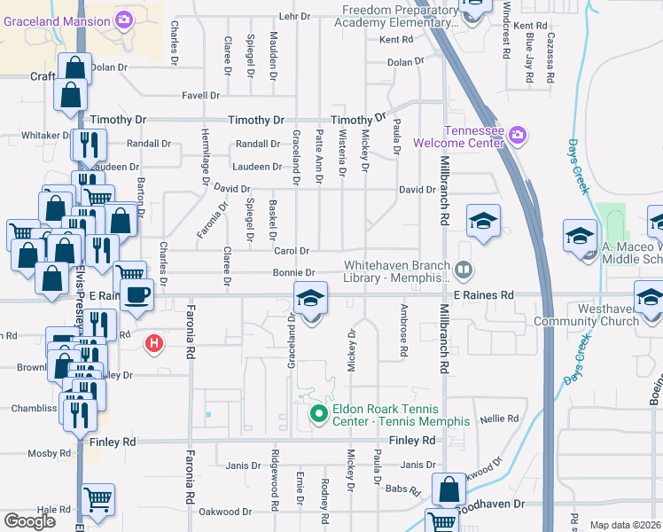 map of restaurants, bars, coffee shops, grocery stores, and more near 1509 Carol Drive in Memphis