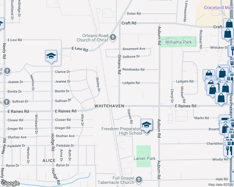 map of restaurants, bars, coffee shops, grocery stores, and more near 4094 Orleans Road in Memphis