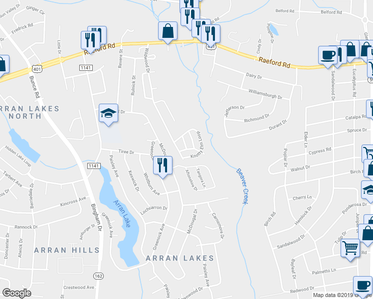 map of restaurants, bars, coffee shops, grocery stores, and more near 1208 Weeping Willow Way in Fayetteville