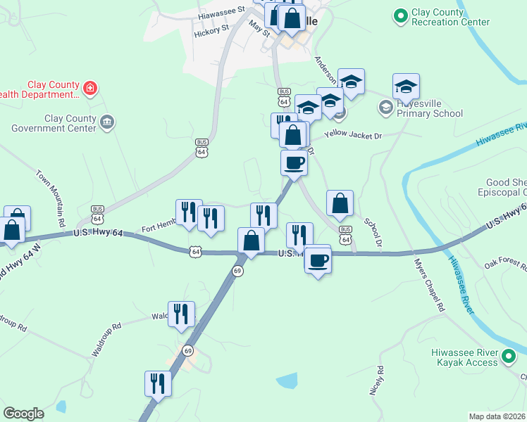 map of restaurants, bars, coffee shops, grocery stores, and more near 72 Fort Hembree Road in Hayesville