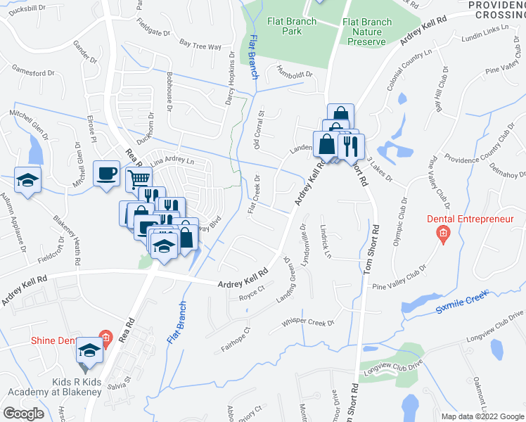 map of restaurants, bars, coffee shops, grocery stores, and more near 12210 Longmont Drive in Charlotte