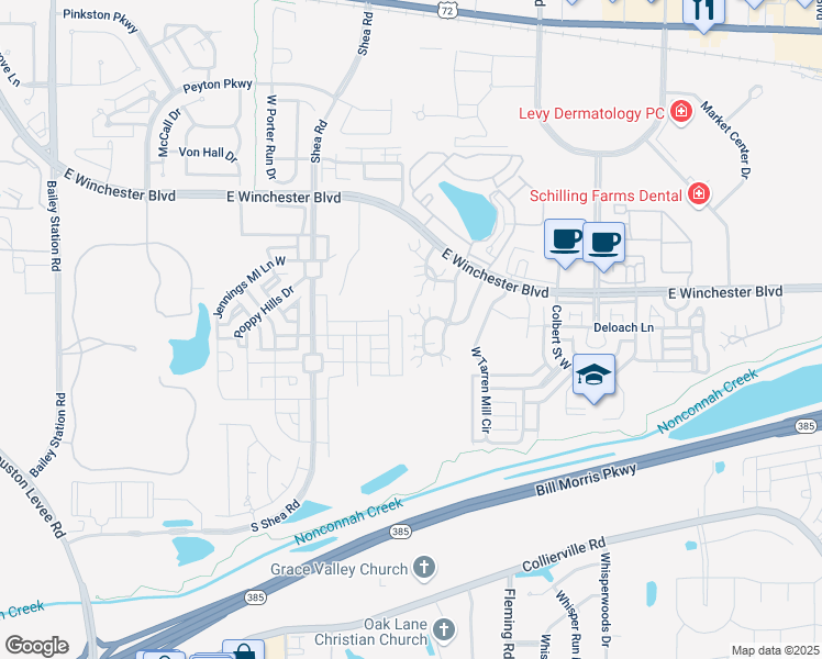 map of restaurants, bars, coffee shops, grocery stores, and more near 1189 Oak Timber Circle in Collierville