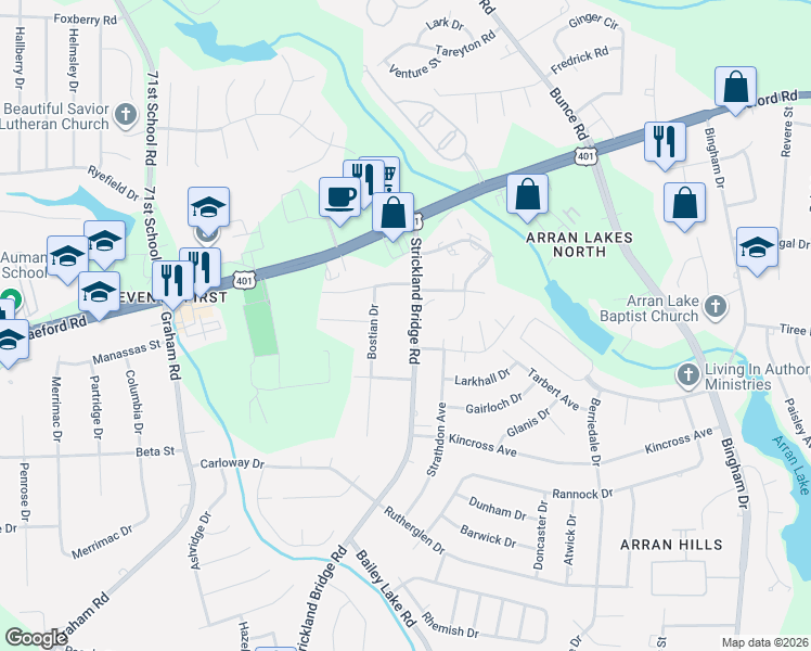 map of restaurants, bars, coffee shops, grocery stores, and more near 1064 Strickland Bridge Road in Fayetteville