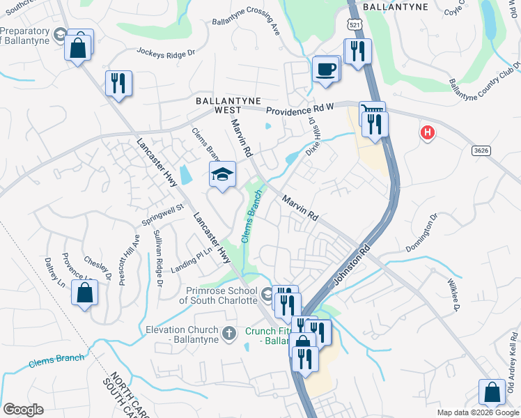 map of restaurants, bars, coffee shops, grocery stores, and more near 15457 Tully House Court in Charlotte