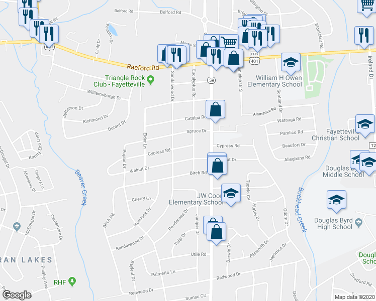 map of restaurants, bars, coffee shops, grocery stores, and more near 5103 Cypress Road in Fayetteville