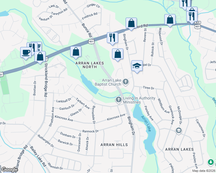map of restaurants, bars, coffee shops, grocery stores, and more near 6441 Bingham Place in Fayetteville