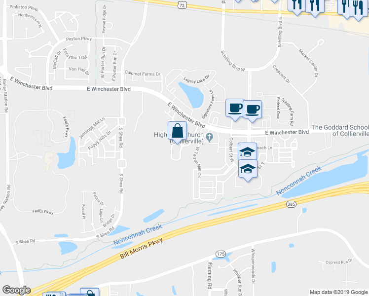 map of restaurants, bars, coffee shops, grocery stores, and more near 302 Oak Bluff Lane in Collierville