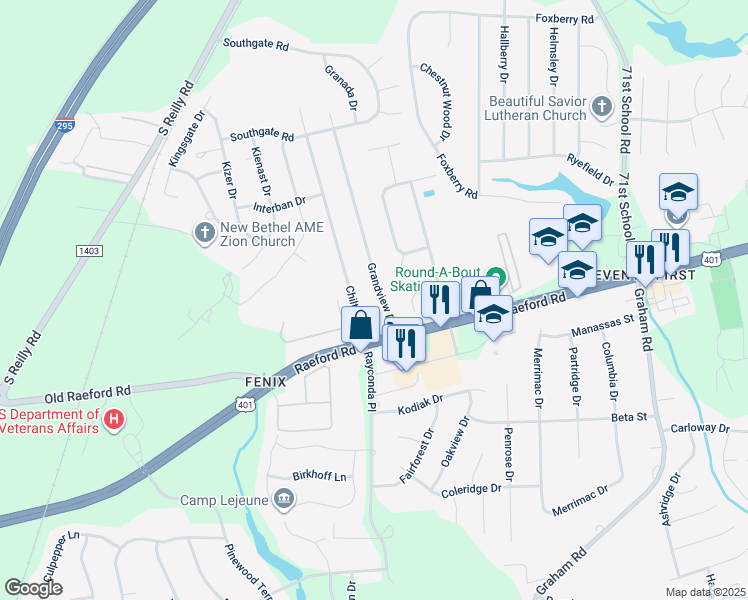 map of restaurants, bars, coffee shops, grocery stores, and more near 1712 Grandview Drive in Fayetteville
