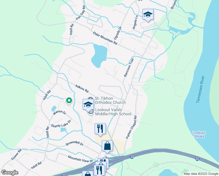 map of restaurants, bars, coffee shops, grocery stores, and more near 3678 Willow Lake Circle in Chattanooga