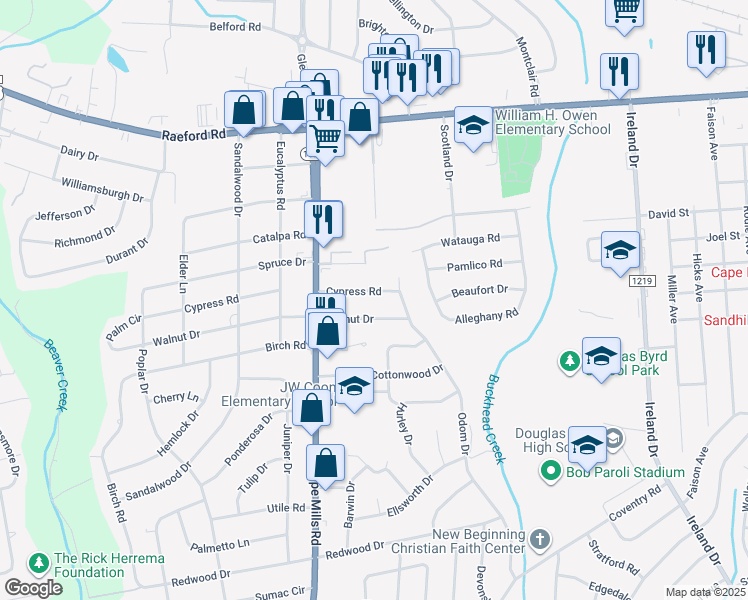 map of restaurants, bars, coffee shops, grocery stores, and more near 4917 Cypress Road in Fayetteville