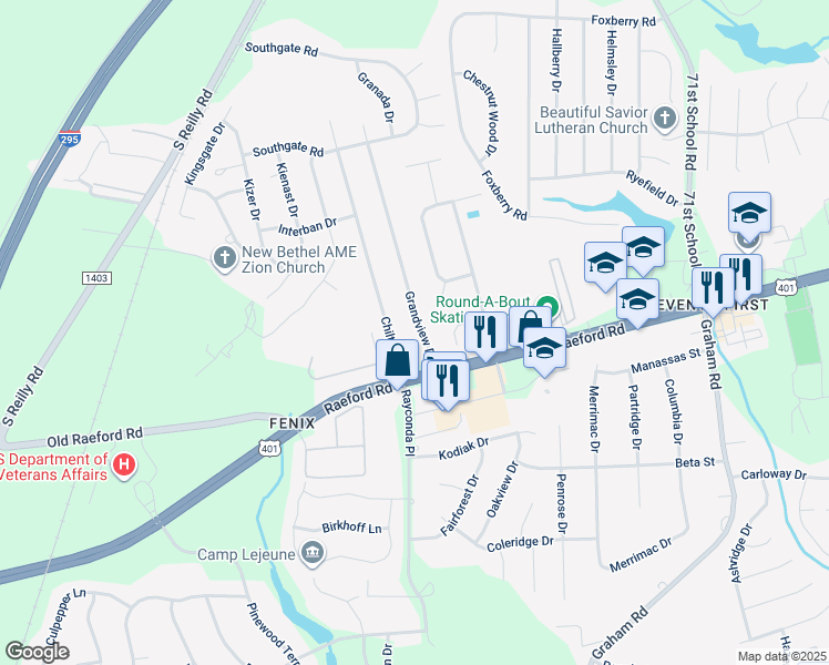 map of restaurants, bars, coffee shops, grocery stores, and more near 1712 Grandview Drive in Fayetteville