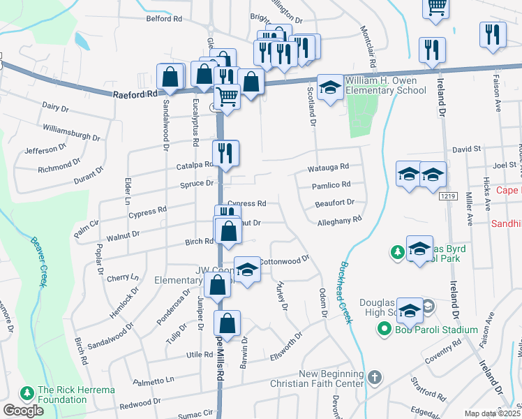 map of restaurants, bars, coffee shops, grocery stores, and more near 4917 Cypress Road in Fayetteville