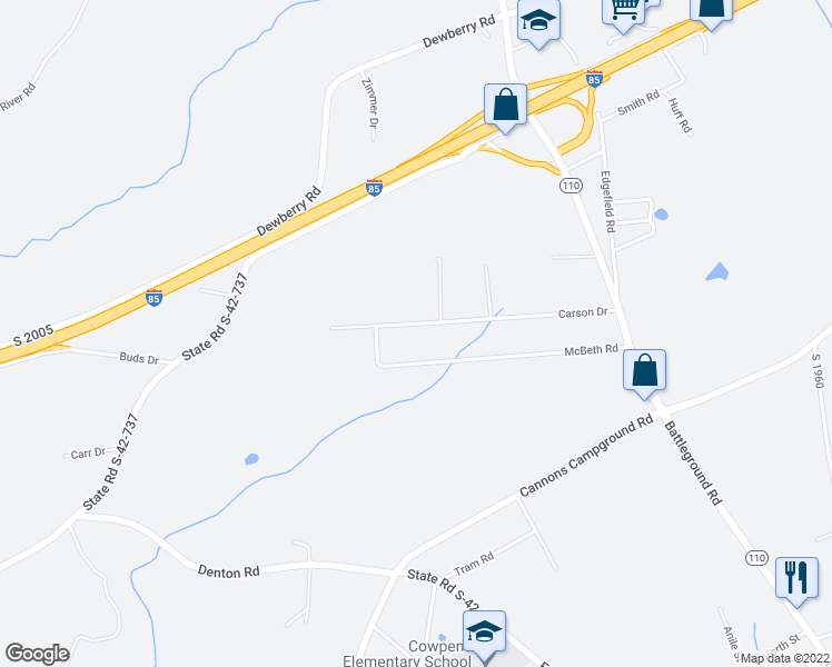 map of restaurants, bars, coffee shops, grocery stores, and more near 159 Carson Drive in Cowpens