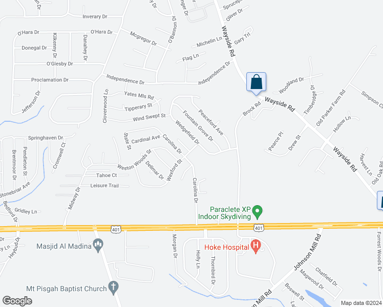 map of restaurants, bars, coffee shops, grocery stores, and more near 132 Pilot Avenue in Raeford