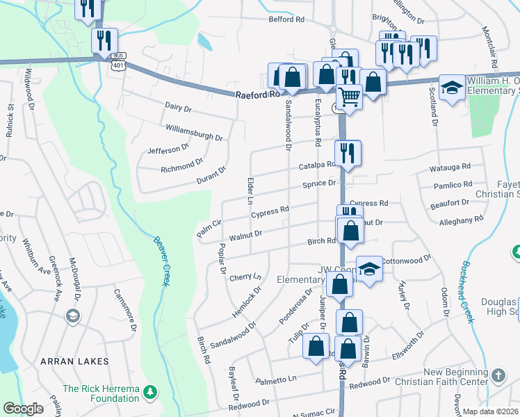 map of restaurants, bars, coffee shops, grocery stores, and more near 5210 Cypress Road in Fayetteville