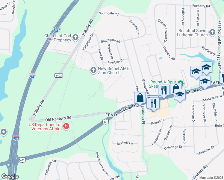 map of restaurants, bars, coffee shops, grocery stores, and more near 1367 Worstead Drive in Fayetteville