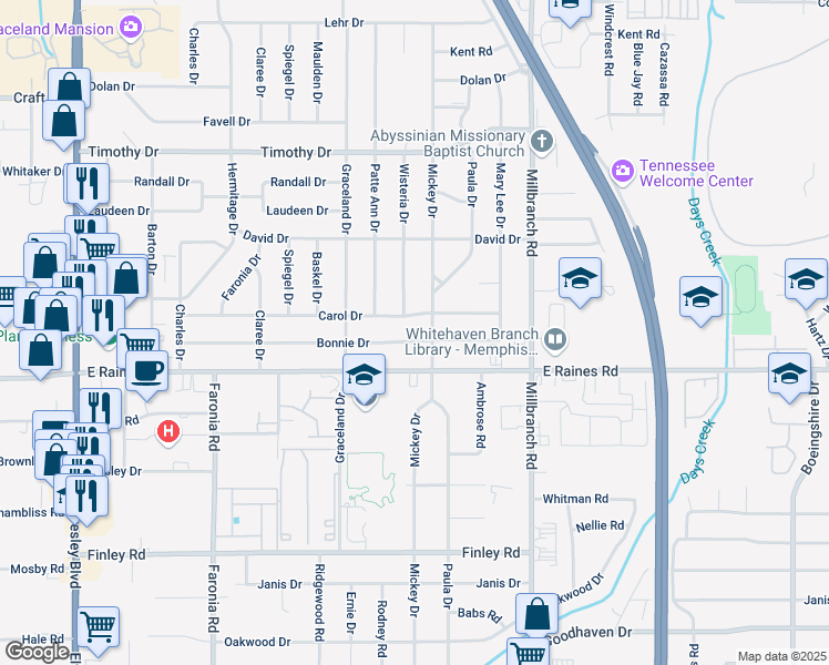 map of restaurants, bars, coffee shops, grocery stores, and more near 1555 Carol Drive in Memphis
