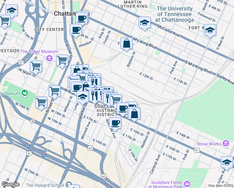 map of restaurants, bars, coffee shops, grocery stores, and more near 1348 Passenger Street in Chattanooga