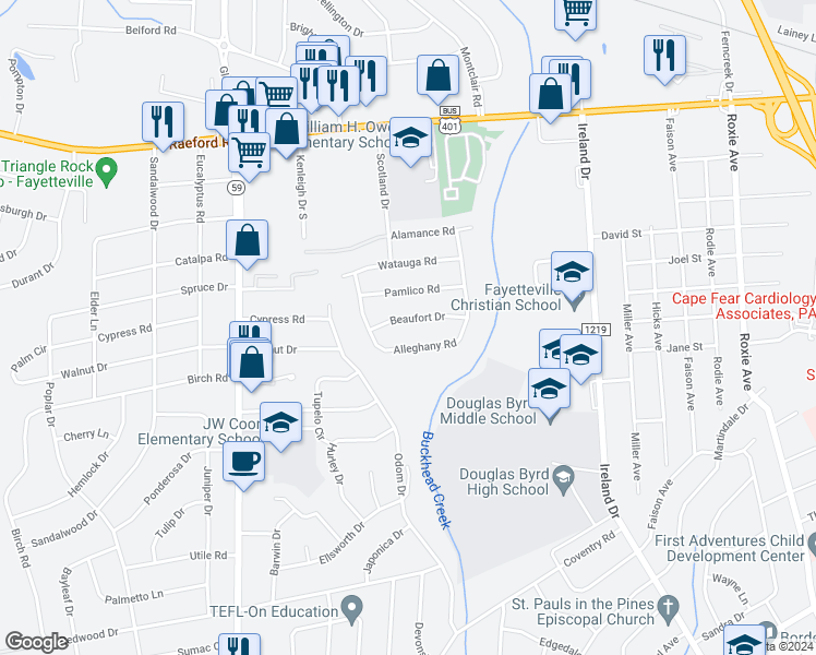 map of restaurants, bars, coffee shops, grocery stores, and more near 4715 Beaufort Drive in Fayetteville