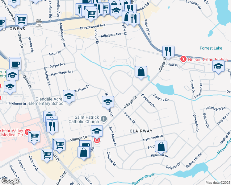 map of restaurants, bars, coffee shops, grocery stores, and more near 1846 Fordham Drive in Fayetteville