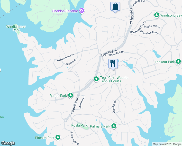 map of restaurants, bars, coffee shops, grocery stores, and more near 25021 Molokai Drive in Tega Cay