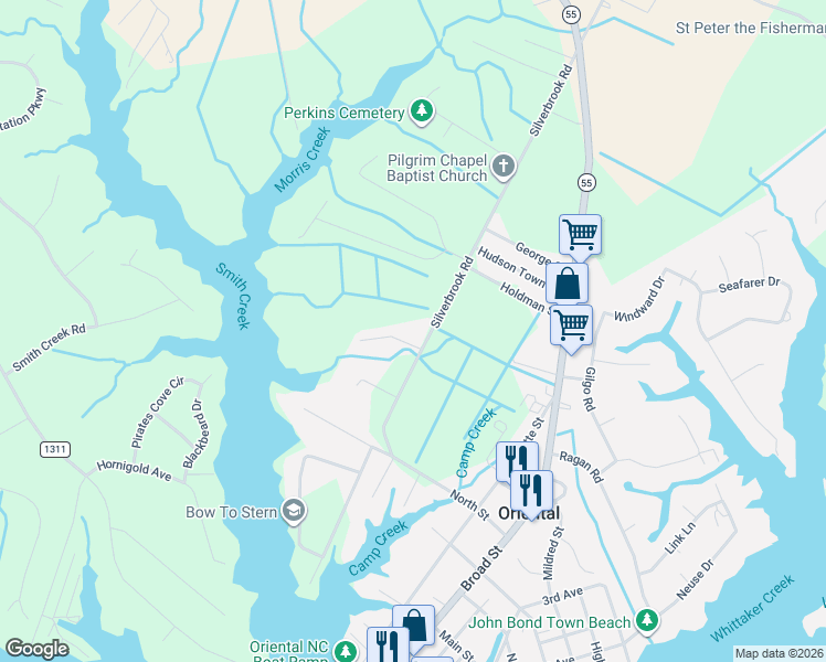 map of restaurants, bars, coffee shops, grocery stores, and more near 100-138 Holiday Lane in Oriental
