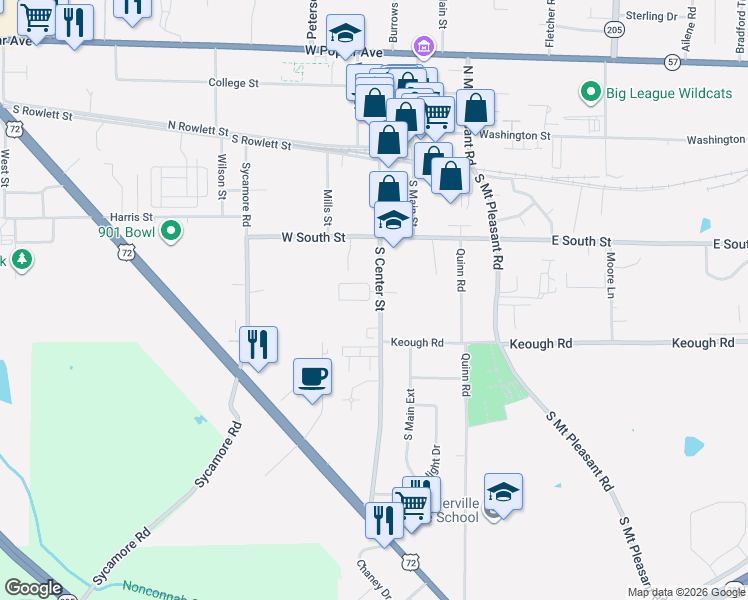 map of restaurants, bars, coffee shops, grocery stores, and more near 292 South Center Street in Collierville