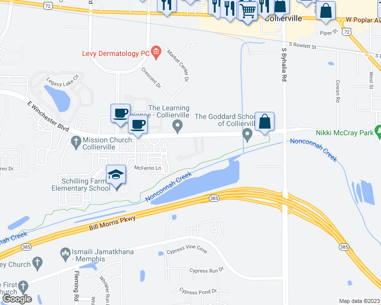 map of restaurants, bars, coffee shops, grocery stores, and more near 798 Stonevillage Cove in Collierville