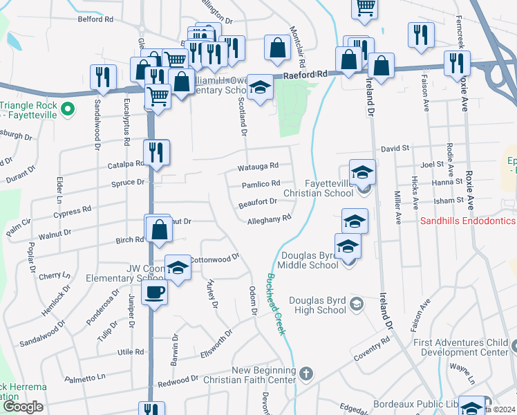 map of restaurants, bars, coffee shops, grocery stores, and more near 4715 Beaufort Drive in Fayetteville