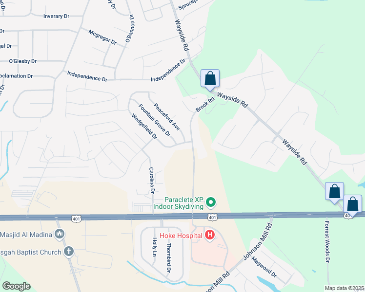 map of restaurants, bars, coffee shops, grocery stores, and more near 155 Wedgefield Drive in Raeford