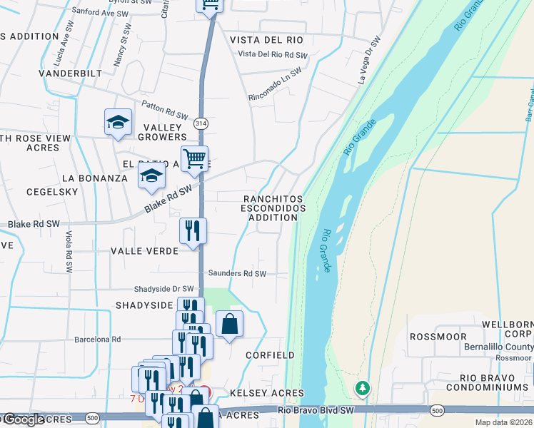 map of restaurants, bars, coffee shops, grocery stores, and more near 2620 Cuatro Milpas Road Southwest in Albuquerque