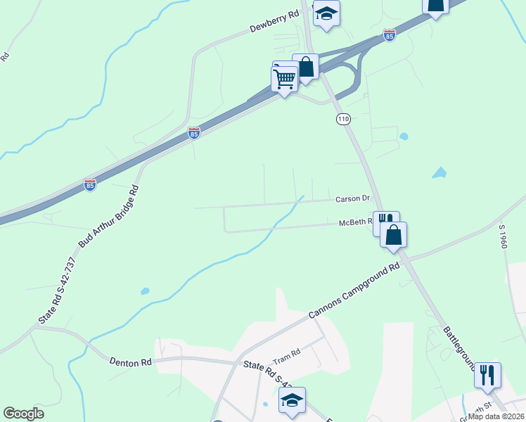 map of restaurants, bars, coffee shops, grocery stores, and more near 153 Carson Drive in Cowpens