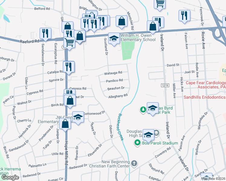 map of restaurants, bars, coffee shops, grocery stores, and more near 4713 Beaufort Drive in Fayetteville