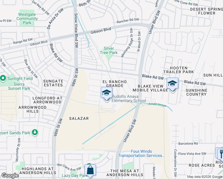 map of restaurants, bars, coffee shops, grocery stores, and more near 9300 Hondo Valley Place Southwest in Albuquerque