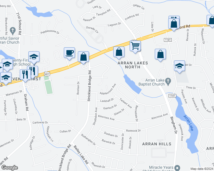 map of restaurants, bars, coffee shops, grocery stores, and more near 6434 Applecross Avenue in Fayetteville