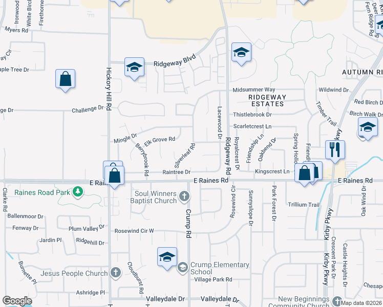 map of restaurants, bars, coffee shops, grocery stores, and more near 4084 Silverleaf Road in Memphis
