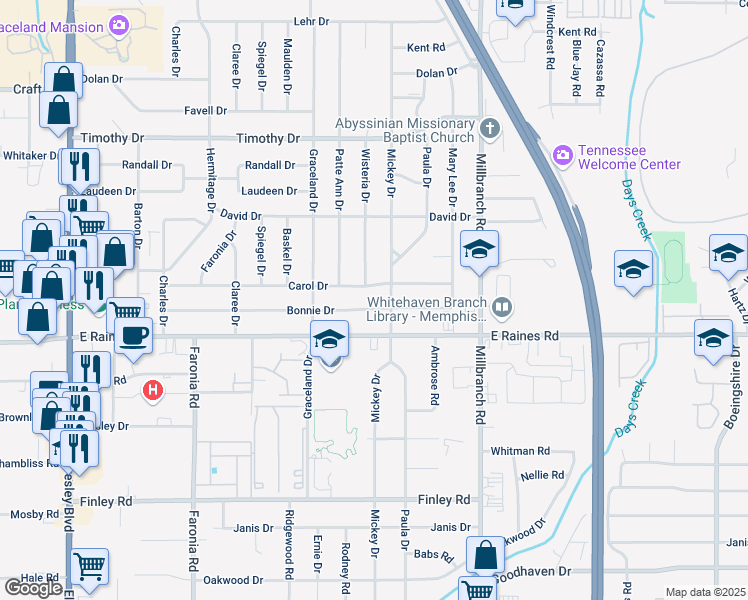 map of restaurants, bars, coffee shops, grocery stores, and more near 1555 Carol Drive in Memphis