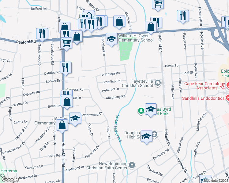 map of restaurants, bars, coffee shops, grocery stores, and more near 4713 Beaufort Drive in Fayetteville