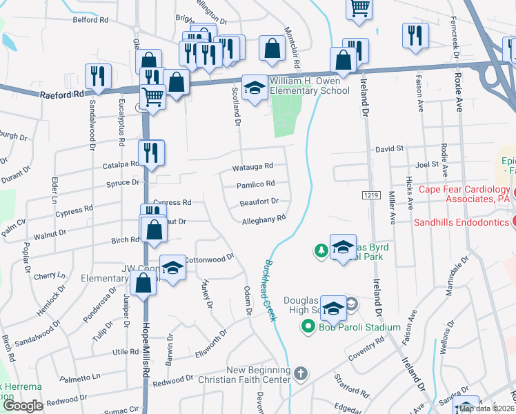 map of restaurants, bars, coffee shops, grocery stores, and more near 4713 Beaufort Drive in Fayetteville